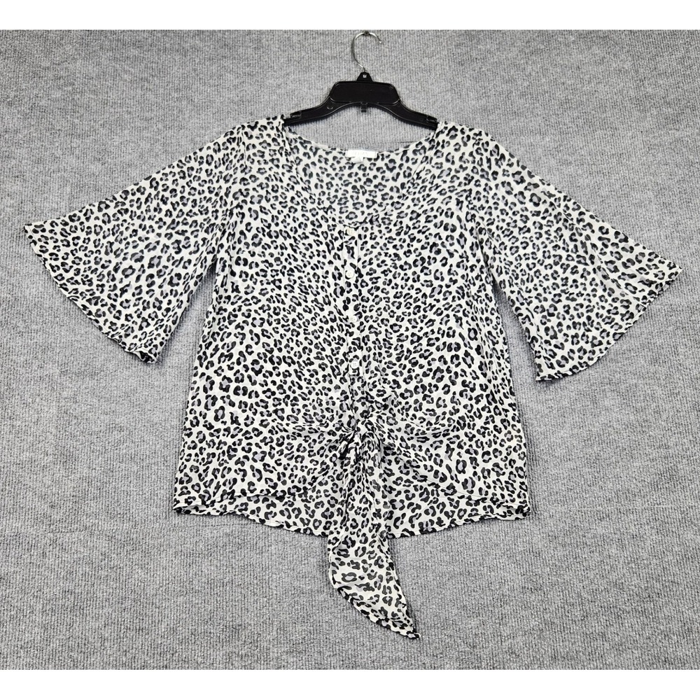 dELiA*s Womens Grey Black Leopard Print Bell Sleeve Tie Front Blouse Size M